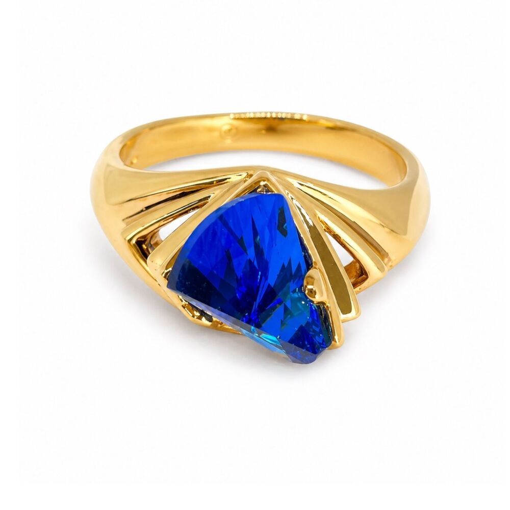 Vintage 1970s Ring Size 10 Blue Crystal Lens Cut Modernist Gold Plated - 14I